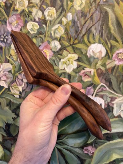 Using the band saw, Nathanael Mortensen crafted this beautiful set of walnut salad tongs.